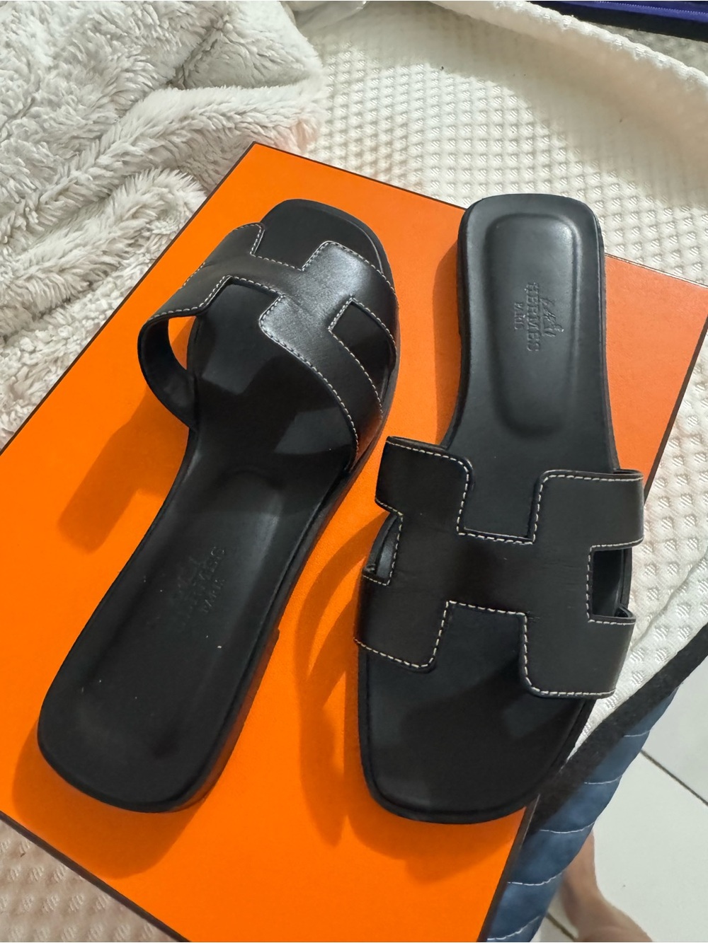 Hermes Black Women's Oran Slide Sandals with White Stitching